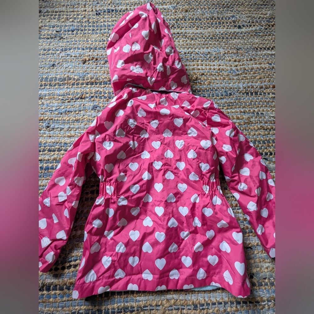 Pink Platinum Heart Print Hooded Raincoat Jacket 4 Pink White Bow Pockets Cozy L - Picture 10 of 10